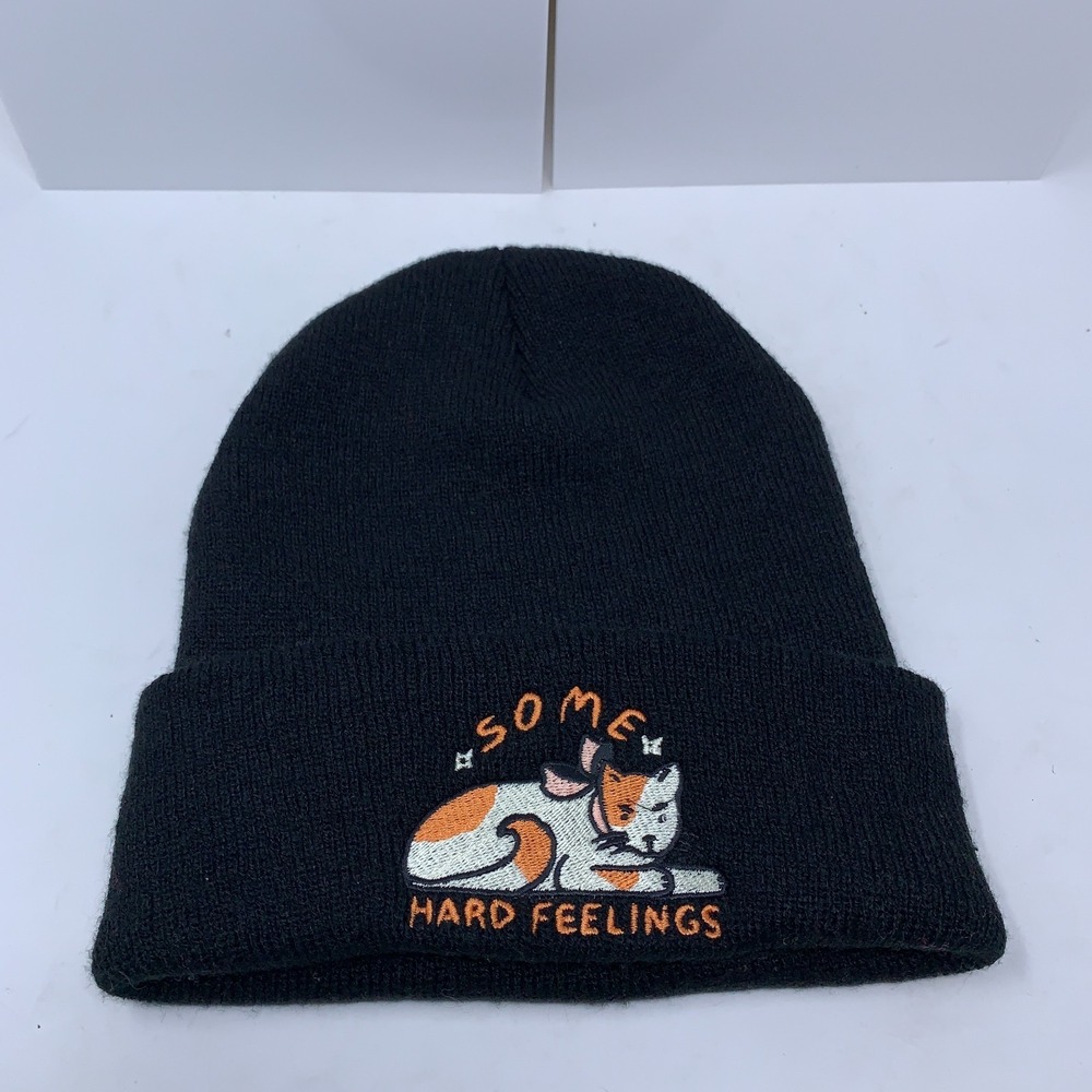 Adult One Size Black Some Hard Feelings Calico Cat Embroidered Cuffed Beanie